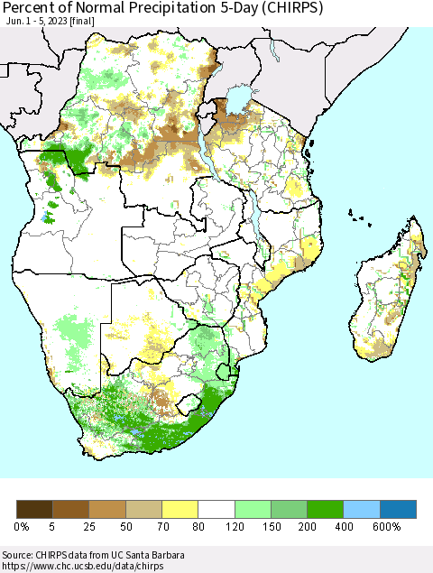 Southern Africa Percent of Normal Precipitation 5-Day (CHIRPS) Thematic Map For 6/1/2023 - 6/5/2023