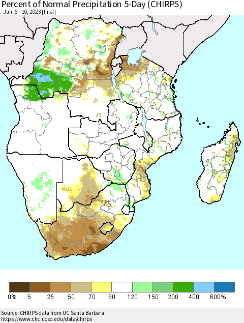 Southern Africa Percent of Normal Precipitation 5-Day (CHIRPS) Thematic Map For 6/6/2023 - 6/10/2023