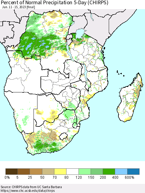 Southern Africa Percent of Normal Precipitation 5-Day (CHIRPS) Thematic Map For 6/11/2023 - 6/15/2023