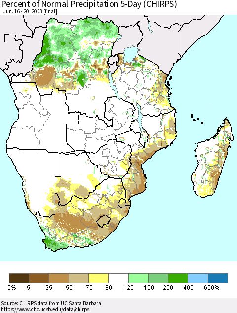 Southern Africa Percent of Normal Precipitation 5-Day (CHIRPS) Thematic Map For 6/16/2023 - 6/20/2023