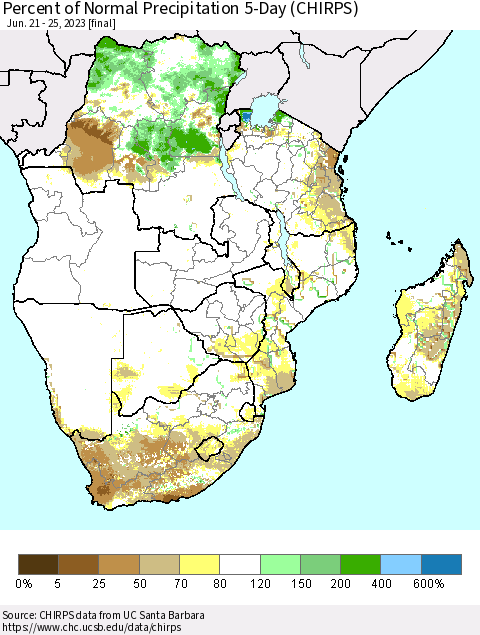 Southern Africa Percent of Normal Precipitation 5-Day (CHIRPS) Thematic Map For 6/21/2023 - 6/25/2023