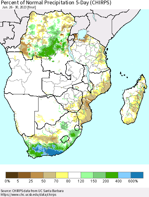 Southern Africa Percent of Normal Precipitation 5-Day (CHIRPS) Thematic Map For 6/26/2023 - 6/30/2023