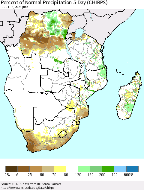 Southern Africa Percent of Normal Precipitation 5-Day (CHIRPS) Thematic Map For 7/1/2023 - 7/5/2023