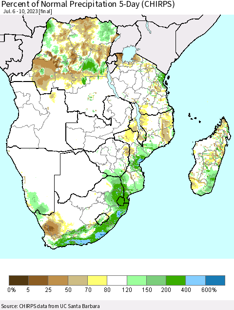 Southern Africa Percent of Normal Precipitation 5-Day (CHIRPS) Thematic Map For 7/6/2023 - 7/10/2023