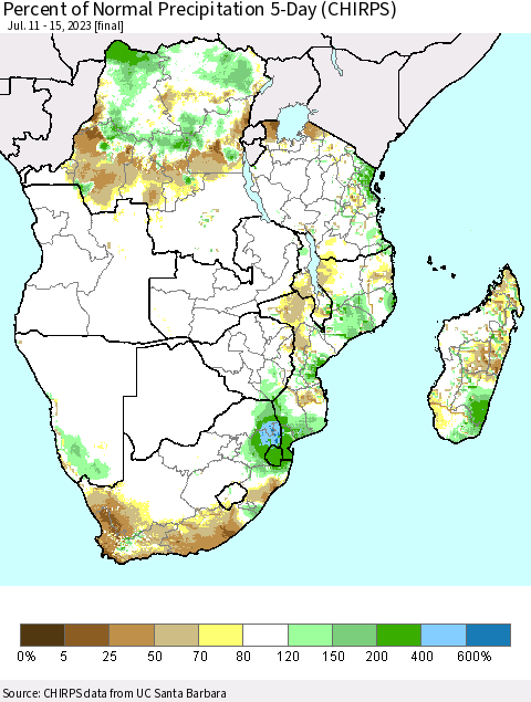 Southern Africa Percent of Normal Precipitation 5-Day (CHIRPS) Thematic Map For 7/11/2023 - 7/15/2023