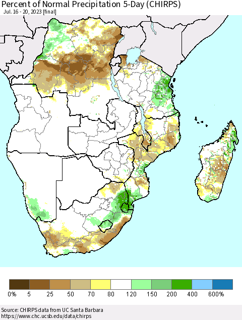 Southern Africa Percent of Normal Precipitation 5-Day (CHIRPS) Thematic Map For 7/16/2023 - 7/20/2023