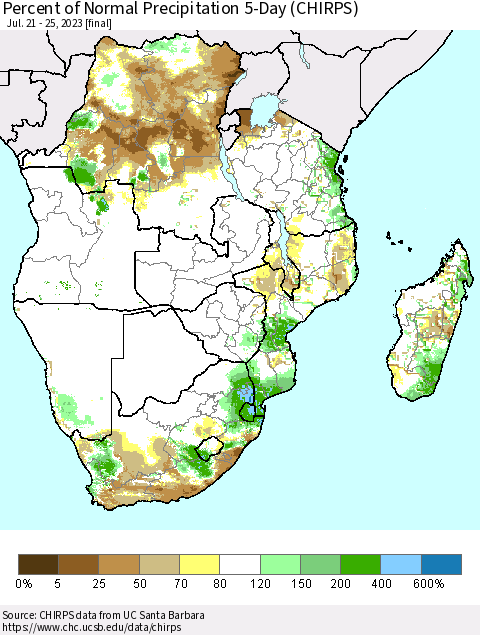Southern Africa Percent of Normal Precipitation 5-Day (CHIRPS) Thematic Map For 7/21/2023 - 7/25/2023