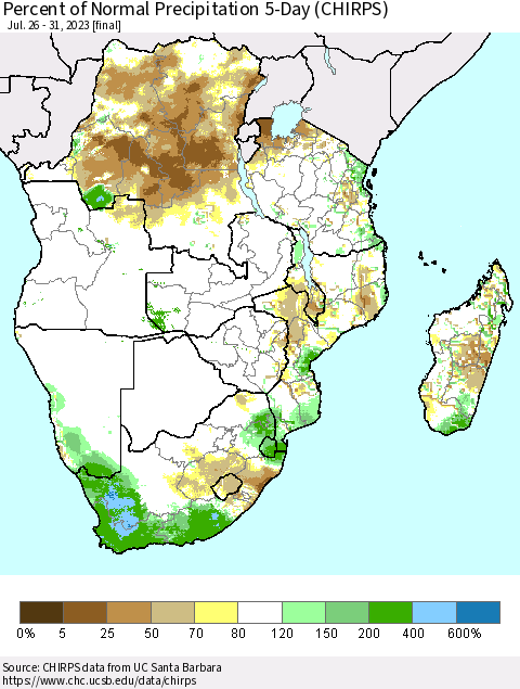 Southern Africa Percent of Normal Precipitation 5-Day (CHIRPS) Thematic Map For 7/26/2023 - 7/31/2023
