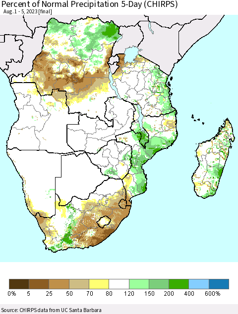 Southern Africa Percent of Normal Precipitation 5-Day (CHIRPS) Thematic Map For 8/1/2023 - 8/5/2023