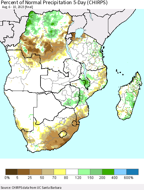 Southern Africa Percent of Normal Precipitation 5-Day (CHIRPS) Thematic Map For 8/6/2023 - 8/10/2023