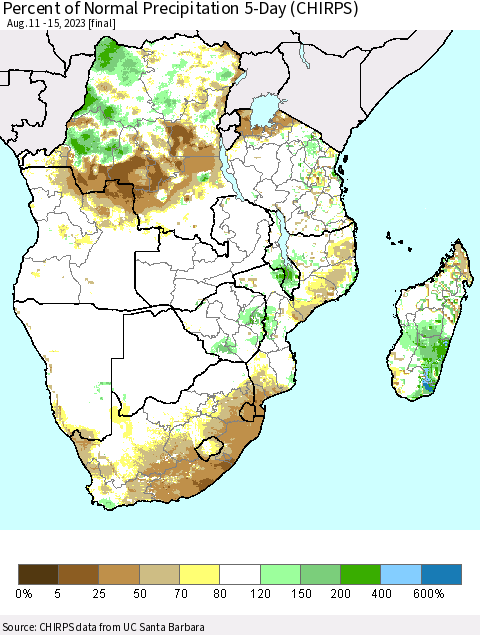 Southern Africa Percent of Normal Precipitation 5-Day (CHIRPS) Thematic Map For 8/11/2023 - 8/15/2023