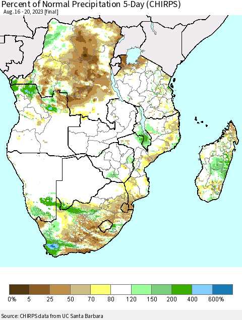 Southern Africa Percent of Normal Precipitation 5-Day (CHIRPS) Thematic Map For 8/16/2023 - 8/20/2023