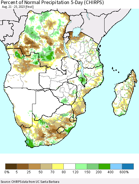 Southern Africa Percent of Normal Precipitation 5-Day (CHIRPS) Thematic Map For 8/21/2023 - 8/25/2023