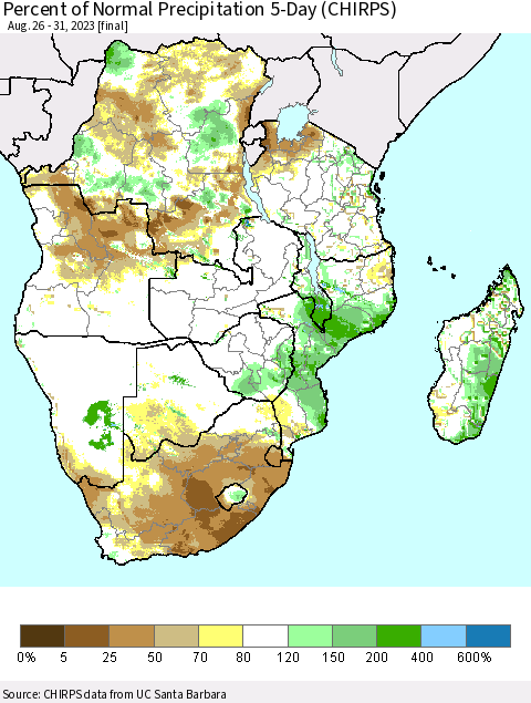 Southern Africa Percent of Normal Precipitation 5-Day (CHIRPS) Thematic Map For 8/26/2023 - 8/31/2023