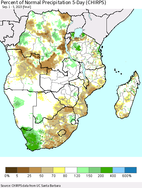 Southern Africa Percent of Normal Precipitation 5-Day (CHIRPS) Thematic Map For 9/1/2023 - 9/5/2023