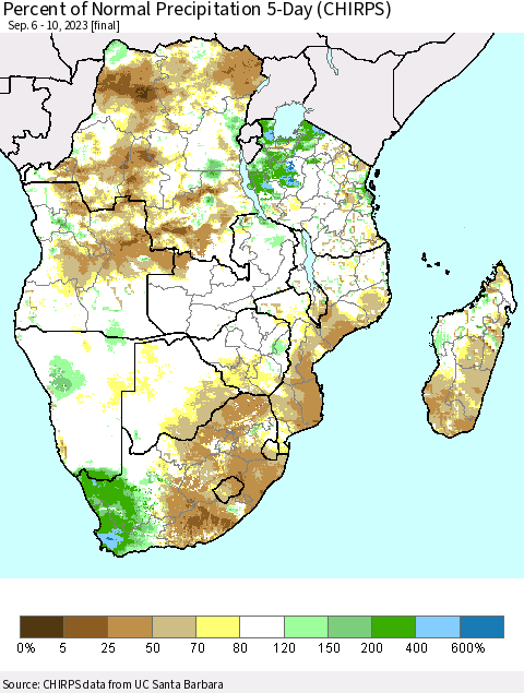 Southern Africa Percent of Normal Precipitation 5-Day (CHIRPS) Thematic Map For 9/6/2023 - 9/10/2023