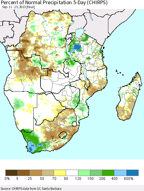Southern Africa Percent of Normal Precipitation 5-Day (CHIRPS) Thematic Map For 9/11/2023 - 9/15/2023