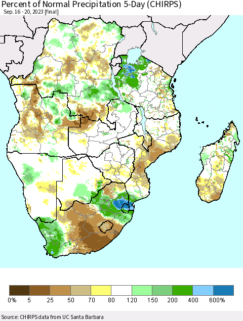 Southern Africa Percent of Normal Precipitation 5-Day (CHIRPS) Thematic Map For 9/16/2023 - 9/20/2023
