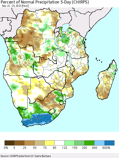Southern Africa Percent of Normal Precipitation 5-Day (CHIRPS) Thematic Map For 9/21/2023 - 9/25/2023