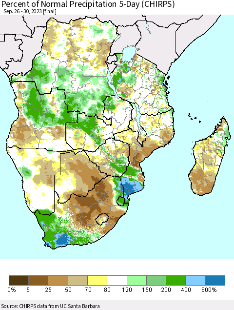 Southern Africa Percent of Normal Precipitation 5-Day (CHIRPS) Thematic Map For 9/26/2023 - 9/30/2023