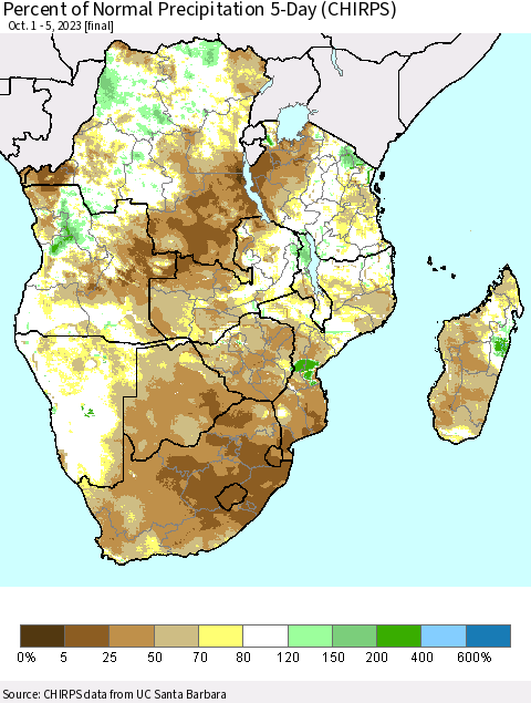 Southern Africa Percent of Normal Precipitation 5-Day (CHIRPS) Thematic Map For 10/1/2023 - 10/5/2023
