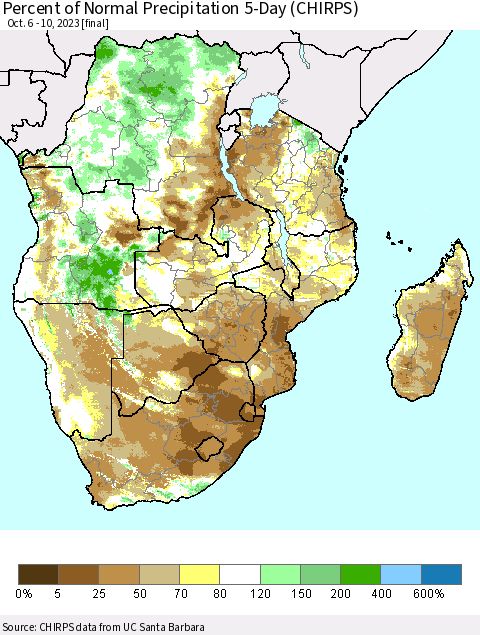 Southern Africa Percent of Normal Precipitation 5-Day (CHIRPS) Thematic Map For 10/6/2023 - 10/10/2023