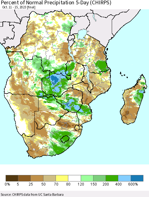 Southern Africa Percent of Normal Precipitation 5-Day (CHIRPS) Thematic Map For 10/11/2023 - 10/15/2023