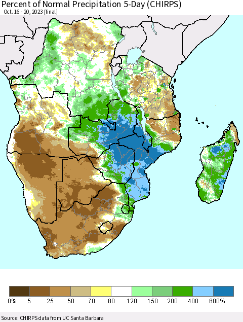Southern Africa Percent of Normal Precipitation 5-Day (CHIRPS) Thematic Map For 10/16/2023 - 10/20/2023