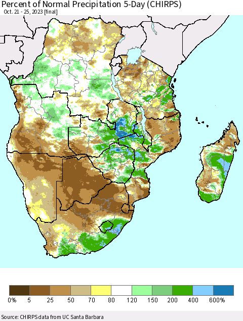 Southern Africa Percent of Normal Precipitation 5-Day (CHIRPS) Thematic Map For 10/21/2023 - 10/25/2023