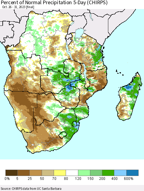 Southern Africa Percent of Normal Precipitation 5-Day (CHIRPS) Thematic Map For 10/26/2023 - 10/31/2023