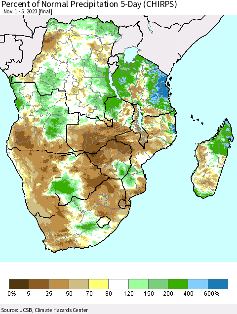 Southern Africa Percent of Normal Precipitation 5-Day (CHIRPS) Thematic Map For 11/1/2023 - 11/5/2023