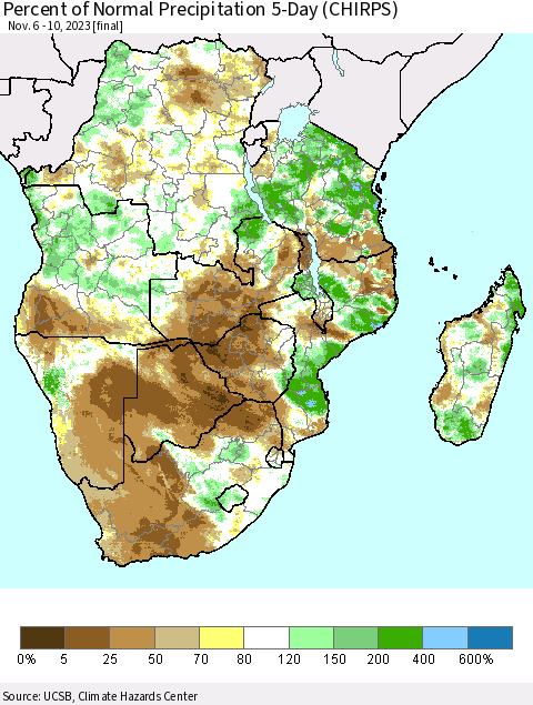 Southern Africa Percent of Normal Precipitation 5-Day (CHIRPS) Thematic Map For 11/6/2023 - 11/10/2023