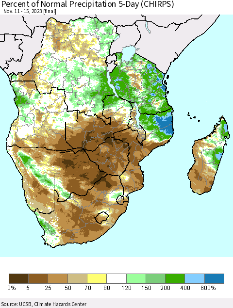 Southern Africa Percent of Normal Precipitation 5-Day (CHIRPS) Thematic Map For 11/11/2023 - 11/15/2023