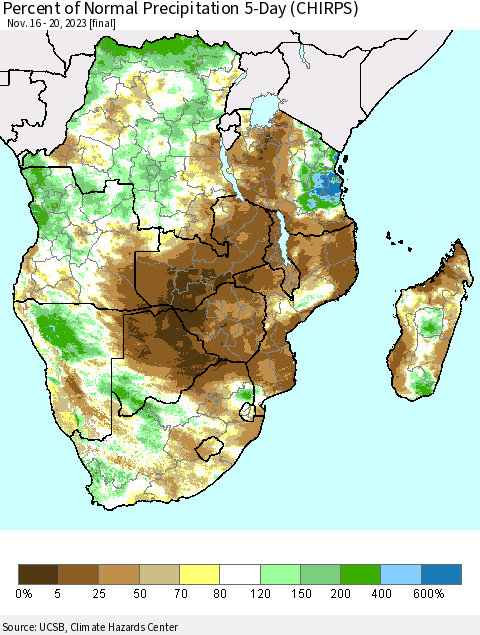 Southern Africa Percent of Normal Precipitation 5-Day (CHIRPS) Thematic Map For 11/16/2023 - 11/20/2023