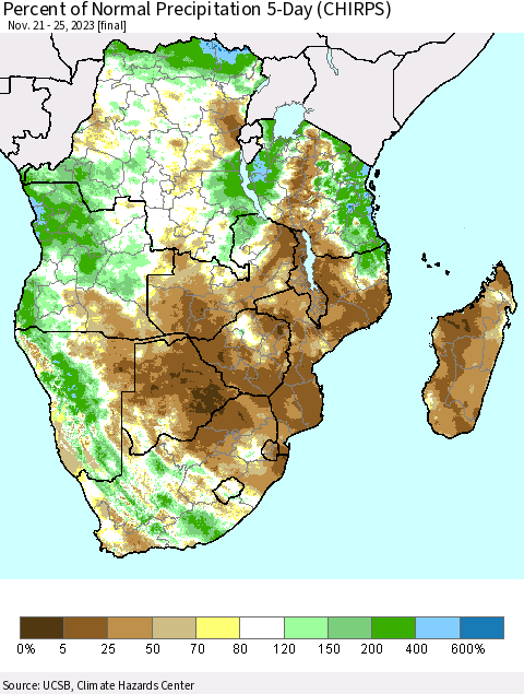 Southern Africa Percent of Normal Precipitation 5-Day (CHIRPS) Thematic Map For 11/21/2023 - 11/25/2023