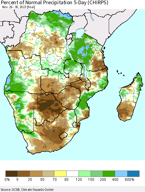 Southern Africa Percent of Normal Precipitation 5-Day (CHIRPS) Thematic Map For 11/26/2023 - 11/30/2023