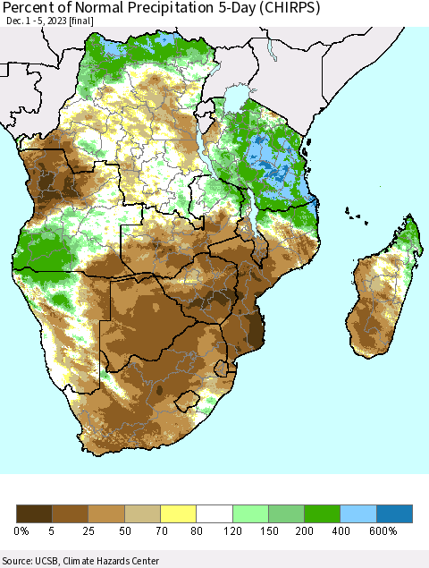Southern Africa Percent of Normal Precipitation 5-Day (CHIRPS) Thematic Map For 12/1/2023 - 12/5/2023