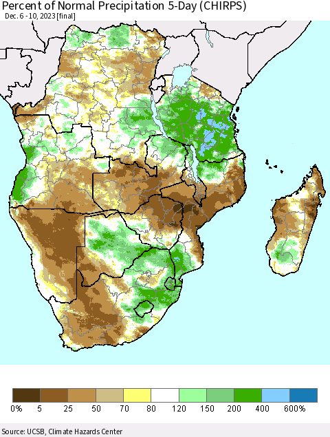 Southern Africa Percent of Normal Precipitation 5-Day (CHIRPS) Thematic Map For 12/6/2023 - 12/10/2023