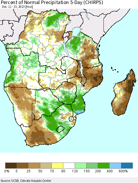 Southern Africa Percent of Normal Precipitation 5-Day (CHIRPS) Thematic Map For 12/11/2023 - 12/15/2023