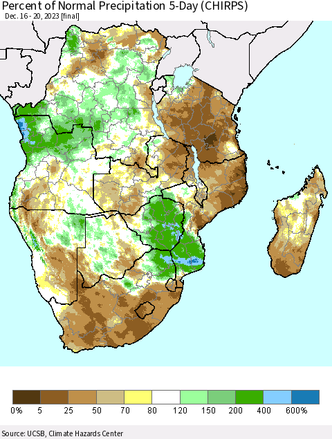 Southern Africa Percent of Normal Precipitation 5-Day (CHIRPS) Thematic Map For 12/16/2023 - 12/20/2023