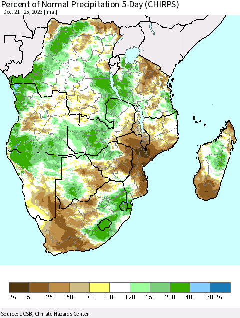 Southern Africa Percent of Normal Precipitation 5-Day (CHIRPS) Thematic Map For 12/21/2023 - 12/25/2023
