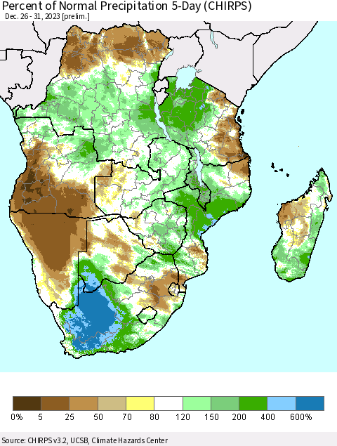 Southern Africa Percent of Normal Precipitation 5-Day (CHIRPS) Thematic Map For 12/26/2023 - 12/31/2023