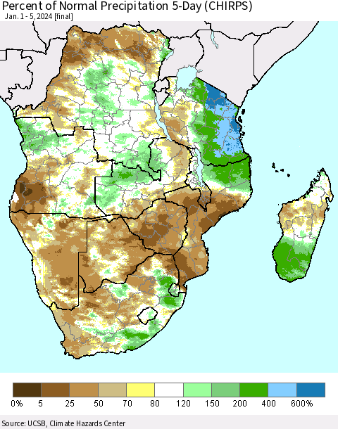 Southern Africa Percent of Normal Precipitation 5-Day (CHIRPS) Thematic Map For 1/1/2024 - 1/5/2024