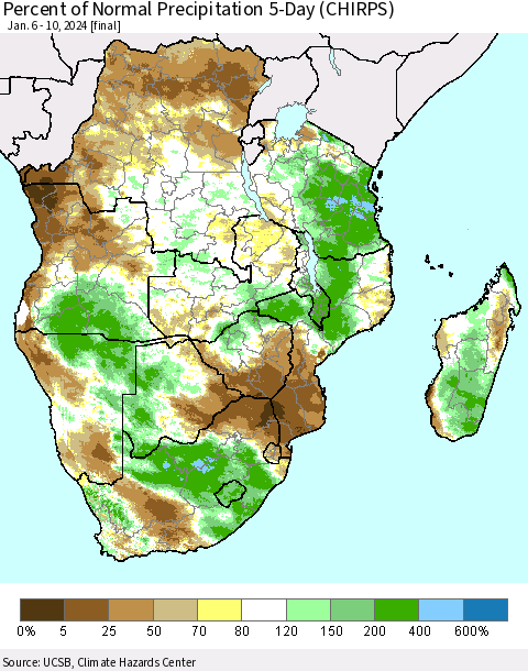 Southern Africa Percent of Normal Precipitation 5-Day (CHIRPS) Thematic Map For 1/6/2024 - 1/10/2024