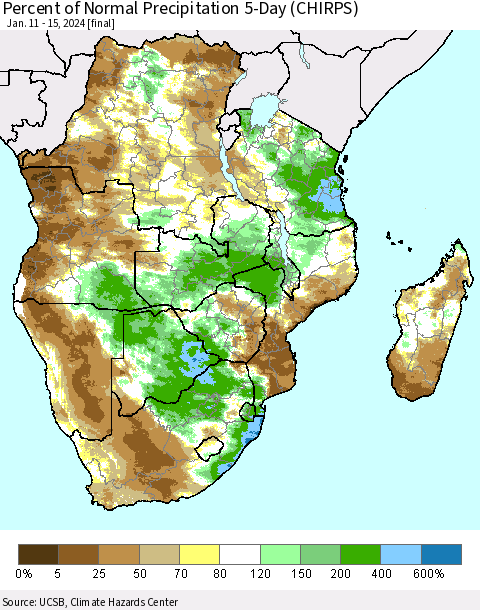 Southern Africa Percent of Normal Precipitation 5-Day (CHIRPS) Thematic Map For 1/11/2024 - 1/15/2024