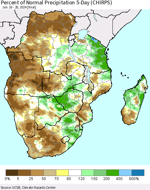 Southern Africa Percent of Normal Precipitation 5-Day (CHIRPS) Thematic Map For 1/16/2024 - 1/20/2024