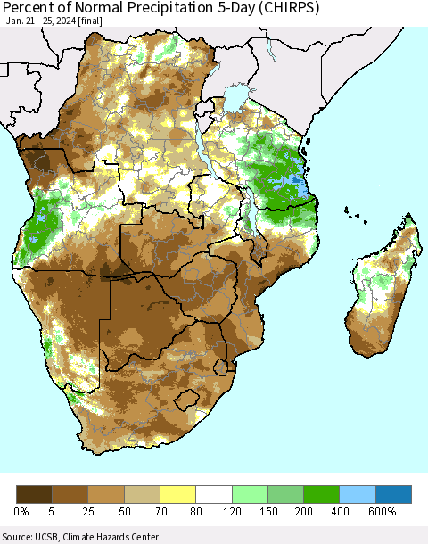 Southern Africa Percent of Normal Precipitation 5-Day (CHIRPS) Thematic Map For 1/21/2024 - 1/25/2024