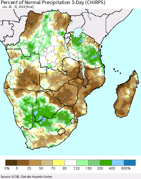 Southern Africa Percent of Normal Precipitation 5-Day (CHIRPS) Thematic Map For 1/26/2024 - 1/31/2024