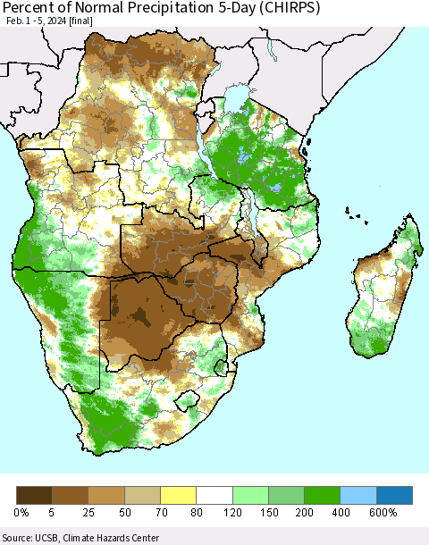Southern Africa Percent of Normal Precipitation 5-Day (CHIRPS) Thematic Map For 2/1/2024 - 2/5/2024
