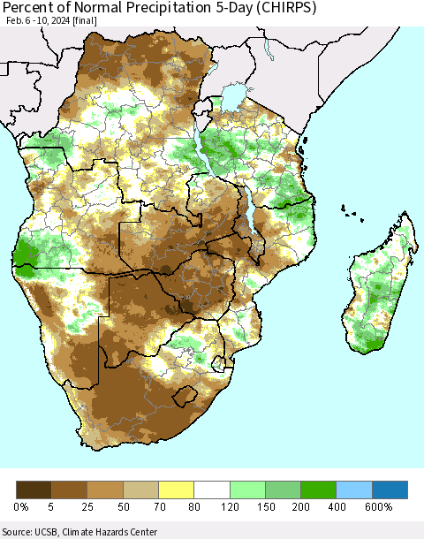 Southern Africa Percent of Normal Precipitation 5-Day (CHIRPS) Thematic Map For 2/6/2024 - 2/10/2024